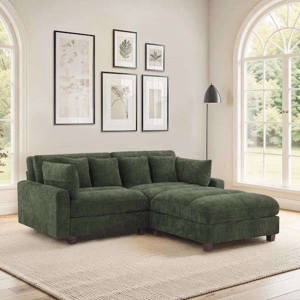 Panner 89 in. Square Arm L Shaped Vertical Striped Chenille 3-Piece Sectional Sofa in Green with Moveable Ottoman