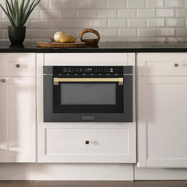 Autograph Edition 24 in. Built-In Microwave Drawer in Black Stainless Steel and Traditional Champagne Bronze Handle