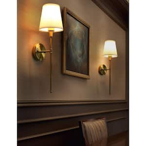 6.3 in. 1-Light Gold Industrial Wall Sconce with White Fabric Shade for Bedroom Bathroom(2 Pack)
