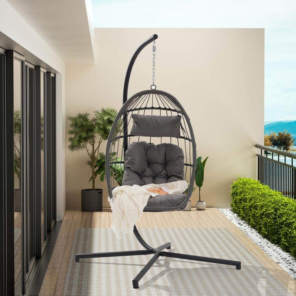 Outdoor Garden Rattan and Metal Egg Swing Chair Hanging Chair With Light Gr