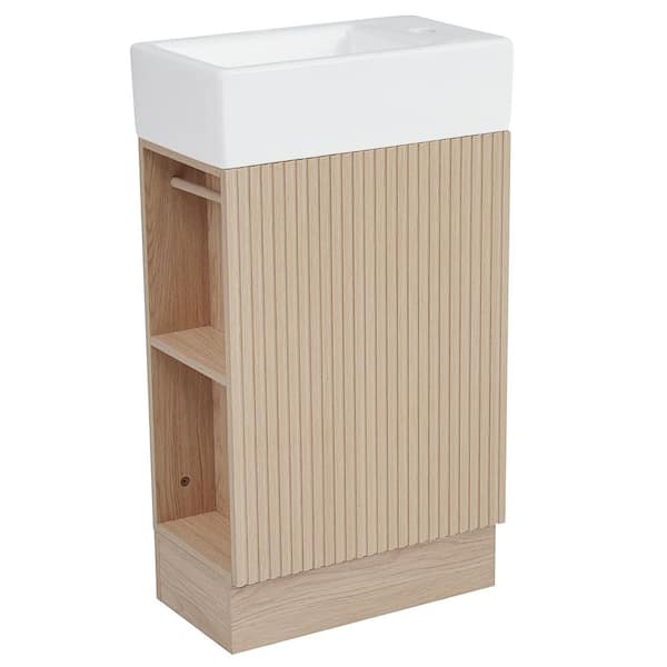 18.6 in. Single Sink Freestanding Natural Bath Vanity with White Ceramic Top, Two-tier Shelf, Toilet Paper Holder