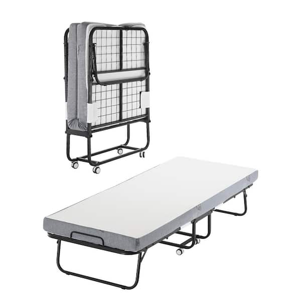 Rollaway Bed, Black Metal Frame, Outdoor Rocking Chair with White Cushion, 31 x 75 in. Folding Bed with 4 in. Mattress