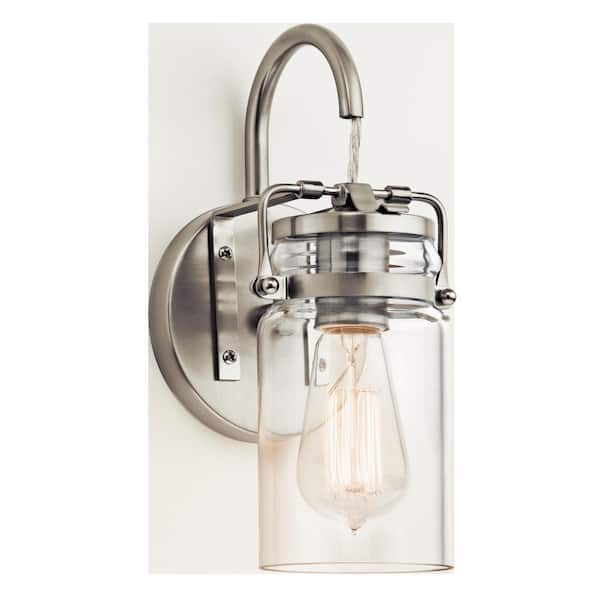 KICHLER Brinley 1-Light Brushed Nickel Bathroom Indoor Wall Sconce Light with Clear Glass Shade