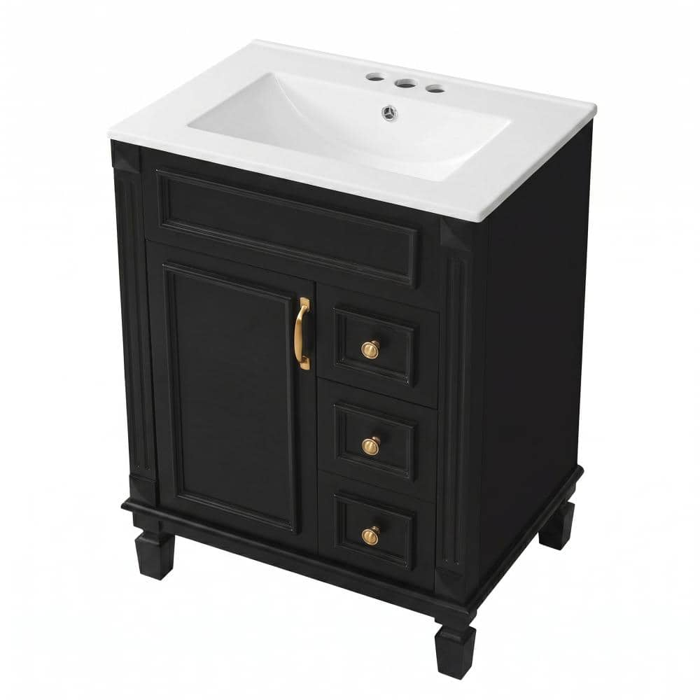 24 in. Freestanding Solid Wood Bathroom Vanity in Black with Glossy White Ceramic Top price history on PriceWatchPro