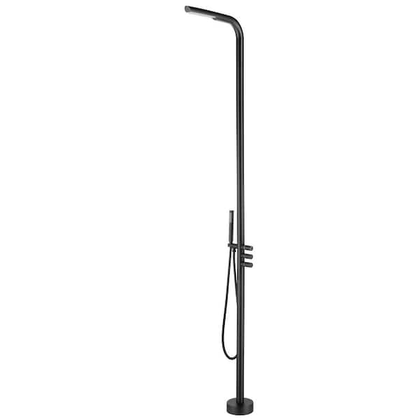Tomfaucet Outdoor Exposed 3-Handle Freestanding Tub Faucet with Rainfall Shower Head in Matte Black
