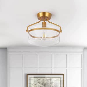 1 Light 13.38 in. Gold Dimmable semi-flush Mount with Clear Glass Shade for Bedroom Foyer