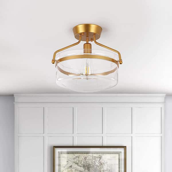 LWYTJO 1 Light 13.38 in. Gold Dimmable semi-flush Mount with Clear Glass Shade for Bedroom Foyer
