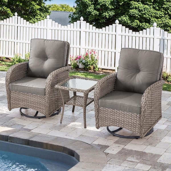 Gymojoy Carlos Gray 3-Piece Steel Outdoor Swivel Glider Wicker Patio Conversation Deep Seating Set with Gray Cushions