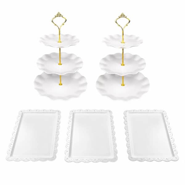 5-Piece White Plastic 3-Tier Cupcake and Dessert Stand Set with Rectangular Appetizer Trays