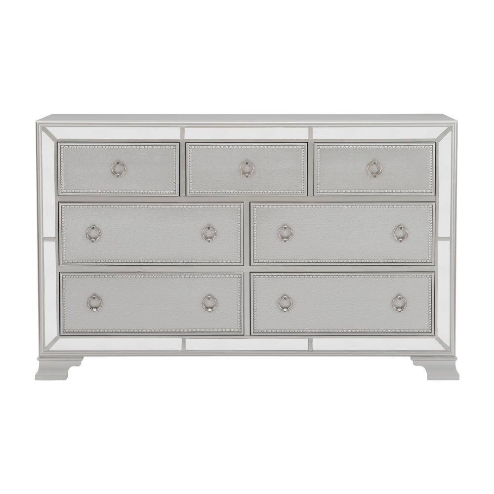 White Glam 7-Drawer Dresser with Mirror Trim and Ring Pulls