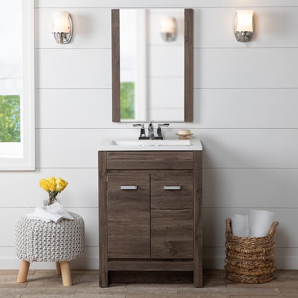 Home Decorators Collection Warford 24 in. W x 19 in. D x 33 in. H Single Sink  Bath Vanity in Vintage Oak with White Cultured Marble Top