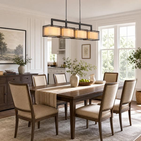 4-Light Black Industrial Rectangular Pendant Chandelier for Kitchen Island, Dining Room, Living Room with E26 Bulbs