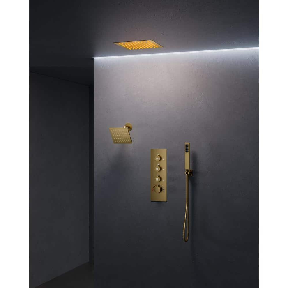 Brushed Gold LED Thermostatic Shower System with 12" Rainfall Head and Body Jets