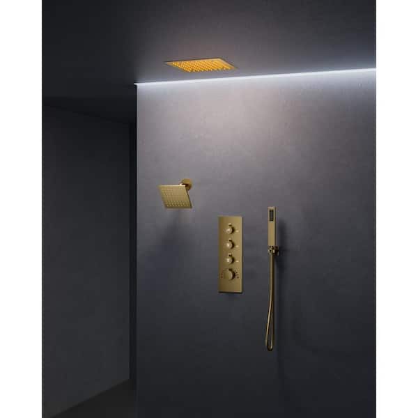 Chromotherapy 7-Spray Square 12in. Rain LED Shower System with 6in. Shower Head Handheld shower in Brushed Gold 2.5 GPM