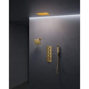 LED 7-Spray Patterns 12 in. 6 in. Square Ceiling and Wall Mount Fixed and Handheld Shower Head 2.5 GPM in Brushed Gold