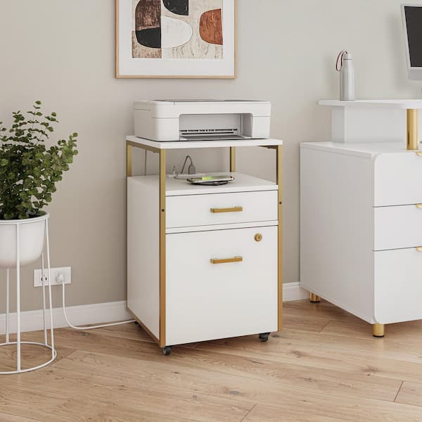 TECHNI MOBILI 2-Drawer White and Gold Engineered Wood 15.75 in. W Lateral Rolling Locking File Cabinet
