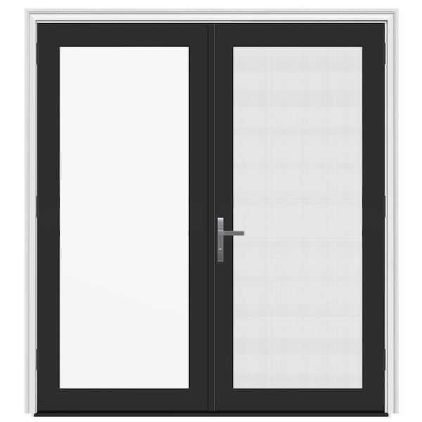 72 in. x 80 in. F4500 Left-Hand/Outswing Black Fiberglass French Patio Door w/ Low-E Glass, Nickel Handle and Screen
