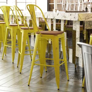 30 in. Yellow/Teak Metal Outdoor Bar Stool