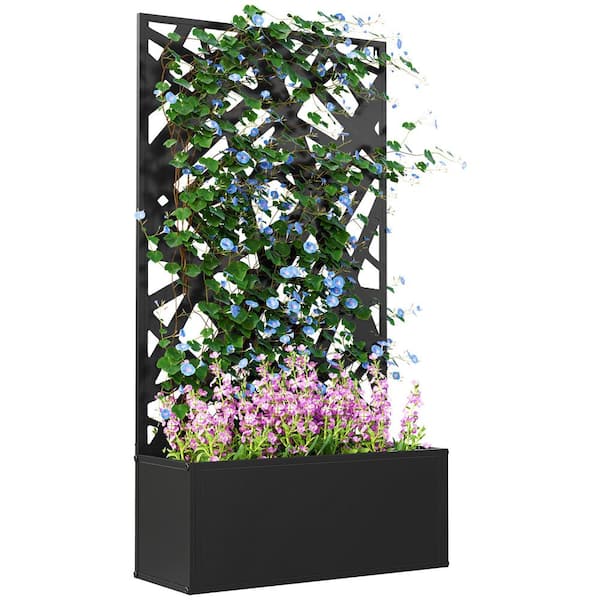 Outsunny 24 in. L x 9.1 in. W Black Metal Outdoor Raised Garden Bed with Trellis for Climbing Plants 1-Pack