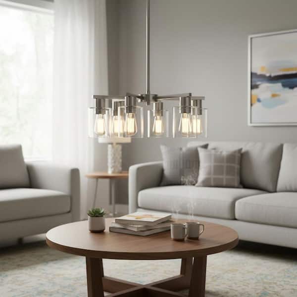 6-Light Nickel Industrial Farmhouse Chandelier, Adjustable Height Pendant Light with Clear Glass Shades for Dining Room