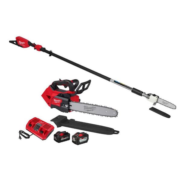 Milwaukee M18 FUEL 10 in. 18V Brushless Cordless Telescoping Pole Saw w/14 in. Top Handle Chainsaw, 12.0 Ah & 8.0 Ah Battery Kit