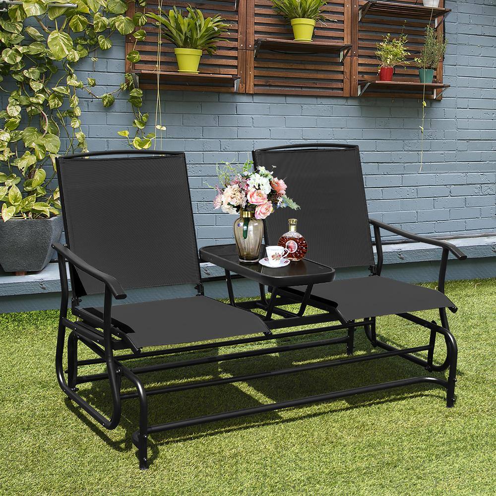 Black Steel Double Glider Loveseat with Tempered Glass Table