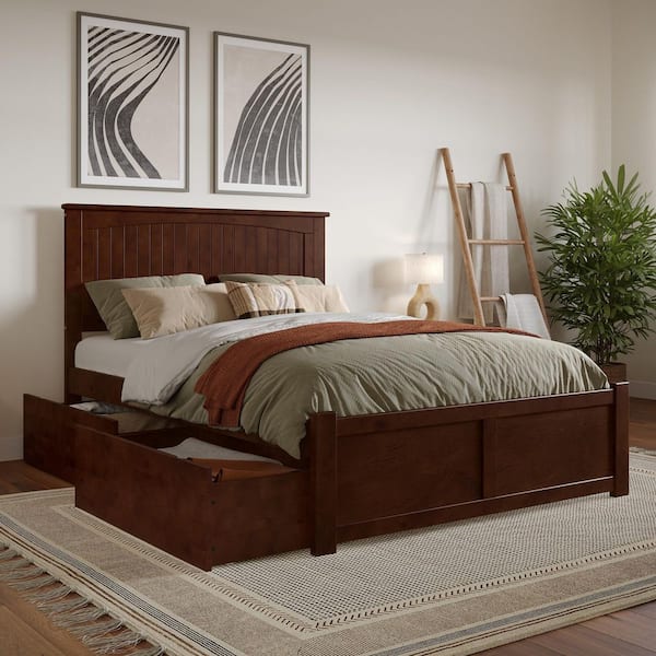 Nantucket Walnut Brown Solid Wood Frame Full Platform Bed with Footboard and Storage Drawers