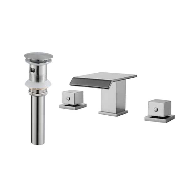 8 in. Widespread Double Handle Waterfall Bathroom Faucet with Pop-up Drain in Brushed Nickel