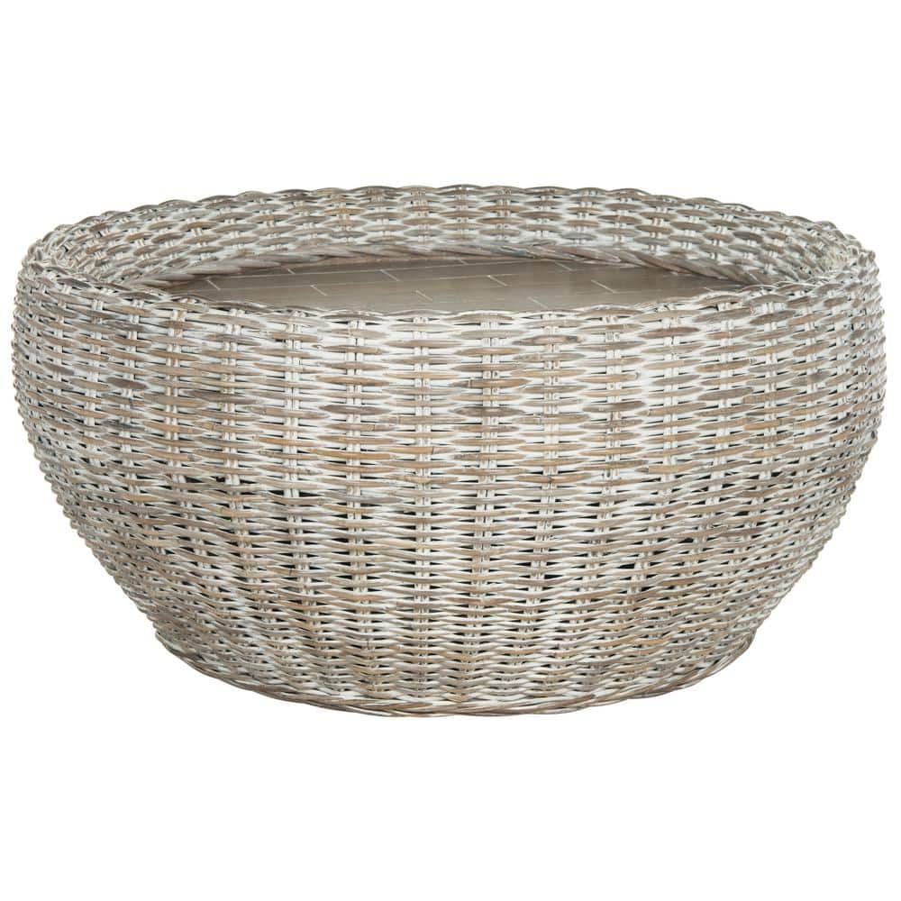 Grey White Wash Mango Wood Drum Cocktail Table