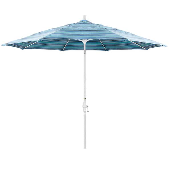California Umbrella 11 ft. White Aluminum Pole Market Fiberglass Ribs Collar Tilt Crank Lift Outdoor Patio Umbrella in Dolce Oasis Sunbrella