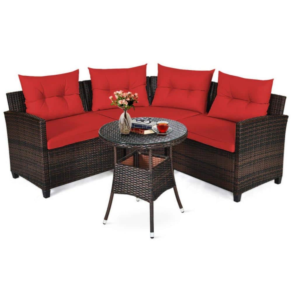 4-Piece Wicker Outdoor Patio Conversation Set Rattan Furniture Set with Red Cushions price history on PriceWatchPro