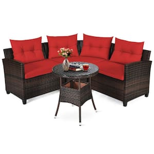 4-Piece Wicker Outdoor Patio Conversation Set Rattan Furniture Set with Red Cushions