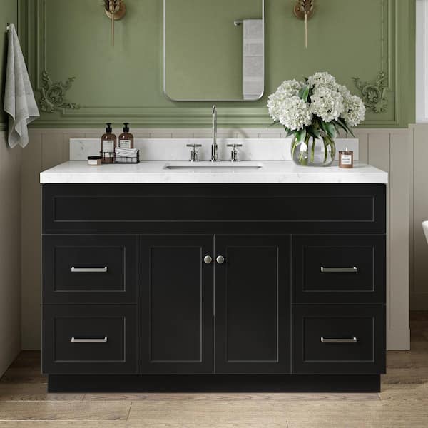 ARIEL Hamlet 54.25 in. W x 22 in. D x 36 in. H Single Sink Freestanding Bath Vanity in Black with Carrara Quartz Top