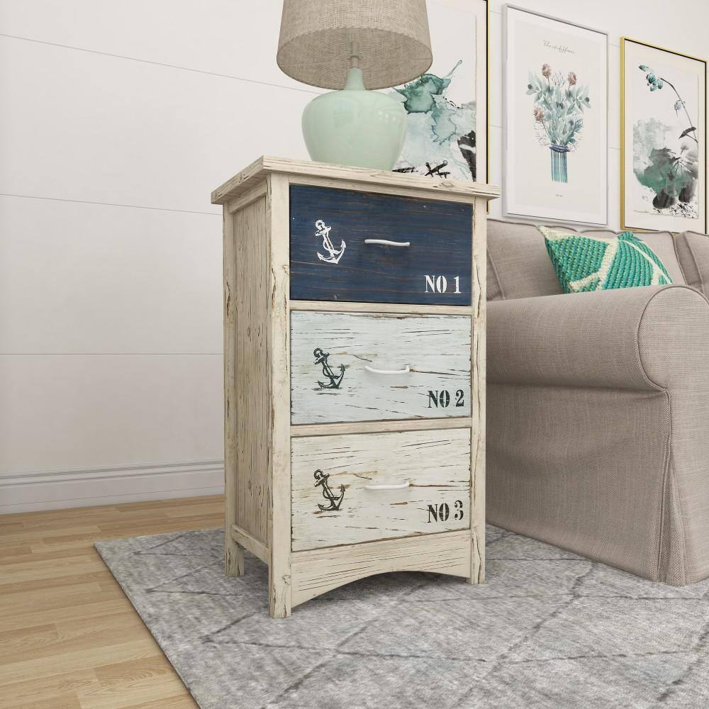 White and Blue Wood Nautical Night Table with Rope Handles
