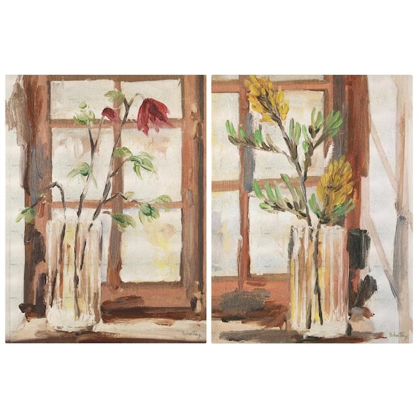 "Timeless Serenity I & II" Vase by the Window on Gold Metallic Shagreen Wrapped Canvas Wall Art Set, each sized 48"x72"