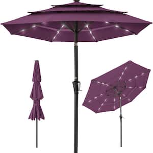 10 ft. Steel Market Solar Tilt Patio Umbrella with 24 LED Lights, Tilt Adjustment, Easy Crank in Amethyst Purple