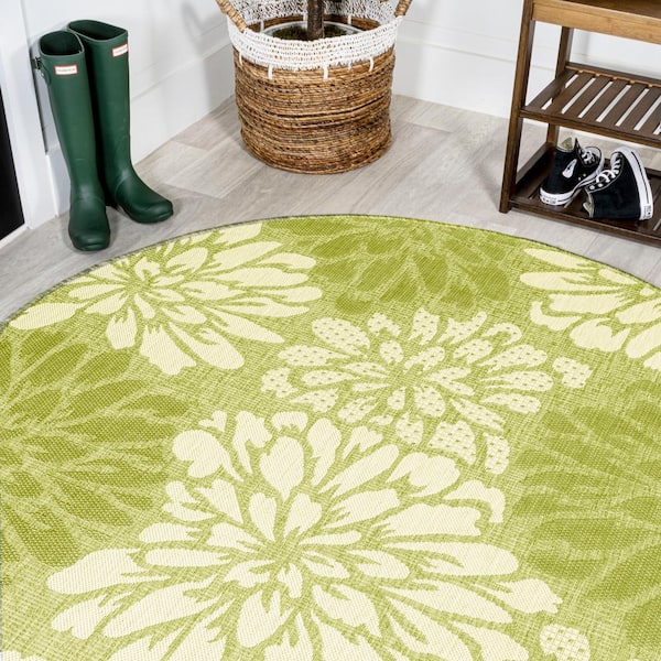 Zinnia Modern Floral Textured Weave Green/Cream 5 ft. Round Indoor/Outdoor Area Rug