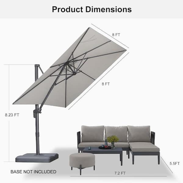 8 ft. Square Outdoor Patio Cantilever Umbrella Aluminum Offset 360° Rotation Umbrella in Pebble Grey