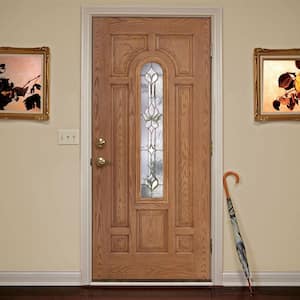 37.5 in. x 81.625 in. Medina Brass Center Arch Lite Stained Light Oak Right-Hand Inswing Fiberglass Prehung Front Door