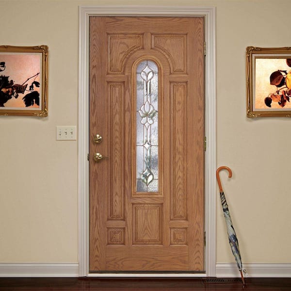 37.5 in. x 81.625 in. Medina Brass Center Arch Lite Stained Light Oak Right-Hand Inswing Fiberglass Prehung Front Door