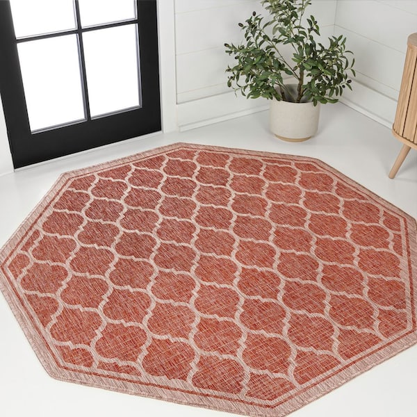 Trebol Moroccan Trellis Textured Weave Red/Beige 5 ft. Octagon Indoor/Outdoor Area Rug