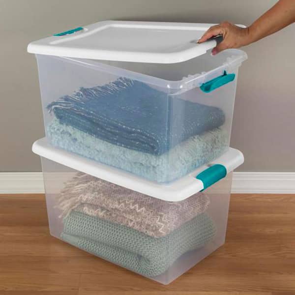 Sterilite 32 Qt Latching Storage Box, Stackable Bin with Latch Lid,  Organize Linens, Towels, Clothing in Home Closet, Clear with White Lid,  6-Pack