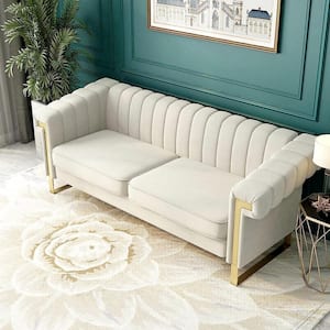 84 in. Chesterfield Sofa Modern Tufted Velvet Upholstered Couch with Removable Cushions and Gold Legs,Beige
