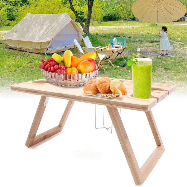 Folding Picnic Table, Camping Picnic Wine Glass Holder Outdoor Garden Round  Wooden Wine Table, Small Wine Rack Portable Wine Holder Phone Stand, Wine