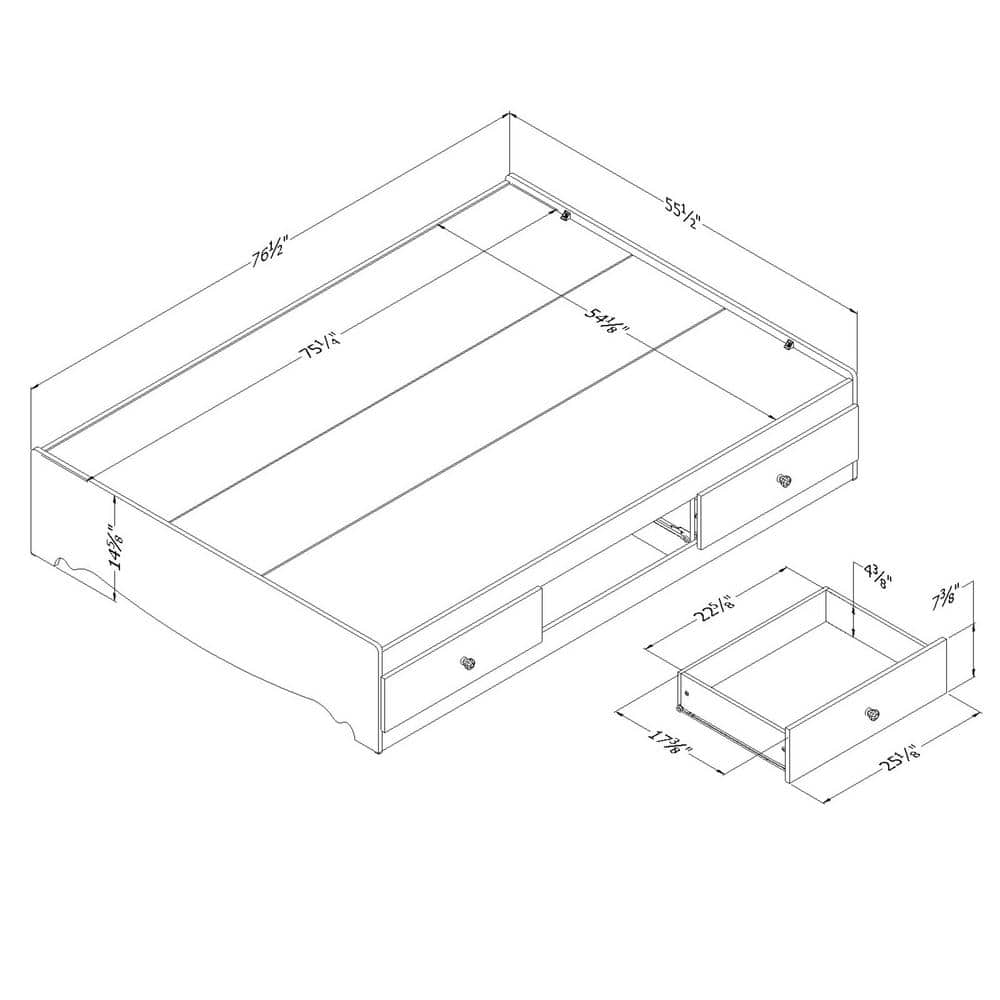 Full White Wood Frame Mates Bed with 3 Drawers