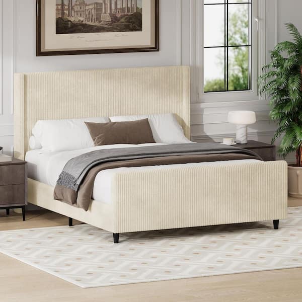 Cream Beige Wood Frame King Size Corduroy Upholstered Platform Bed with High Wingback Headboard, Extra Support Legs