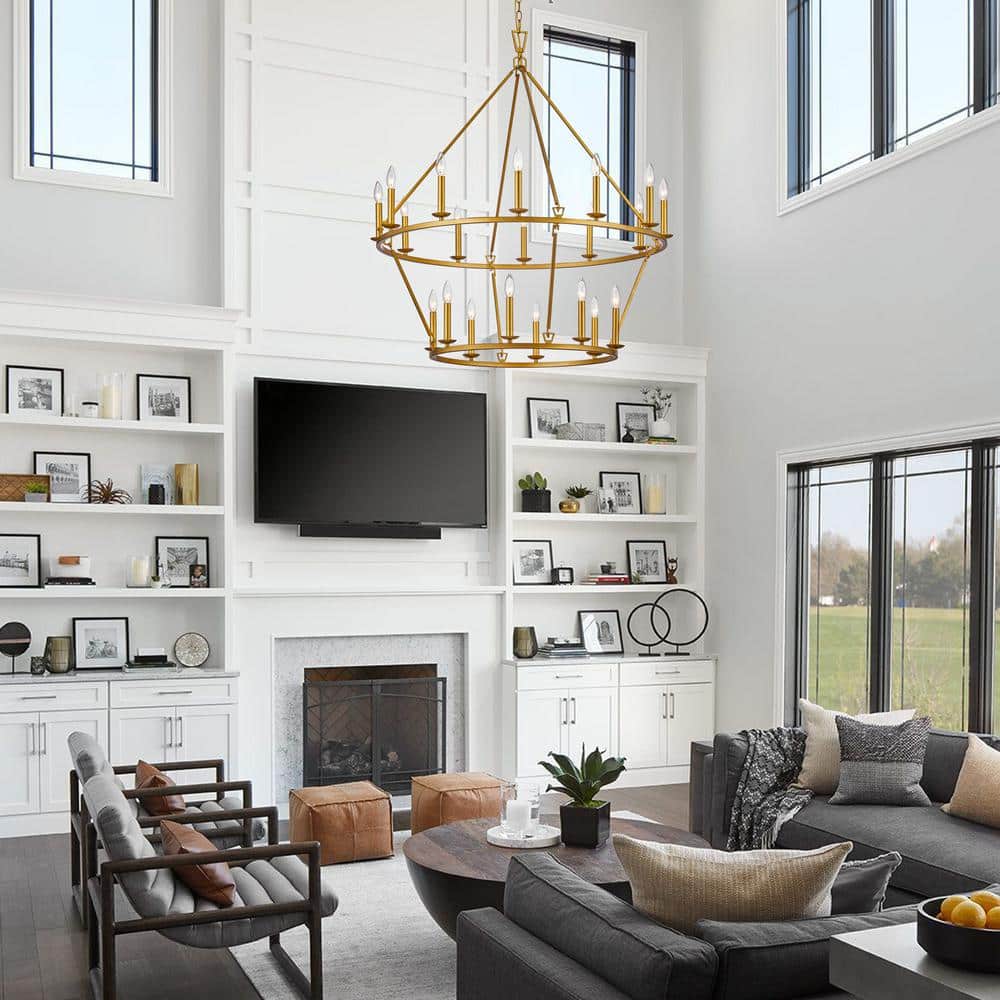 Gold 2-Tier Brass Candle-Style Chandelier with 20 Lights