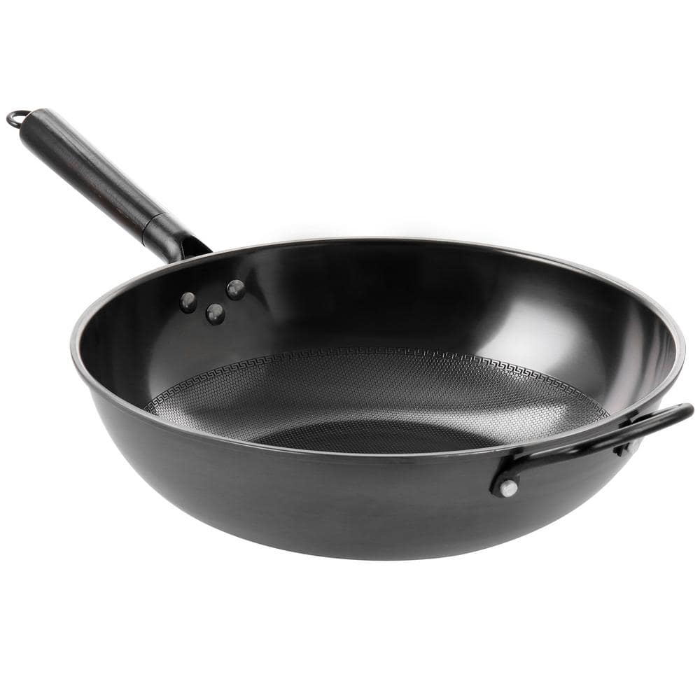 Oster Sangerfield 14 in. Stainless Steel Flat Bottom Wok in Silver with Wooden Handles