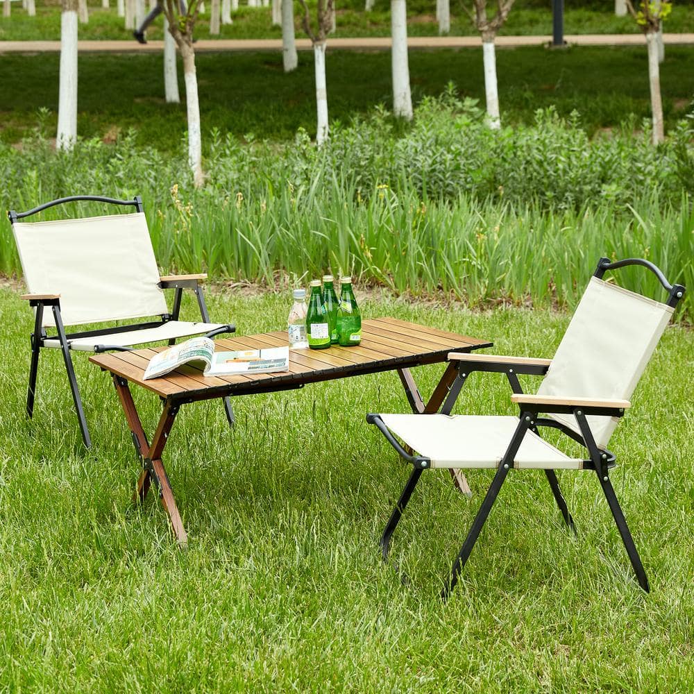 Beige and Brown 3-Piece Aluminum Folding Outdoor Bistro Set, Lightweight Al