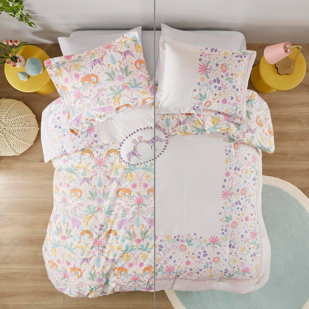 Full/Queen Reversible Cotton Floral and Jungle Print Duvet Cover Set